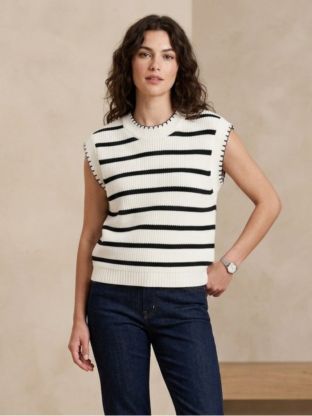 Marled Striped Knit Crewneck Sweater Vest Black White XS oversized